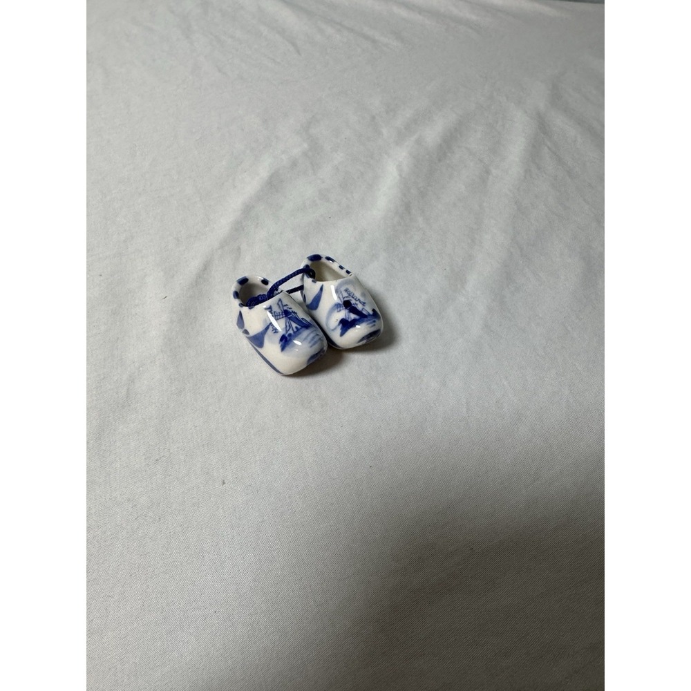 Vintage Mini 1.5" Ceramic Dutch Clogs Shoes Delft Blue & White Holland Windmills